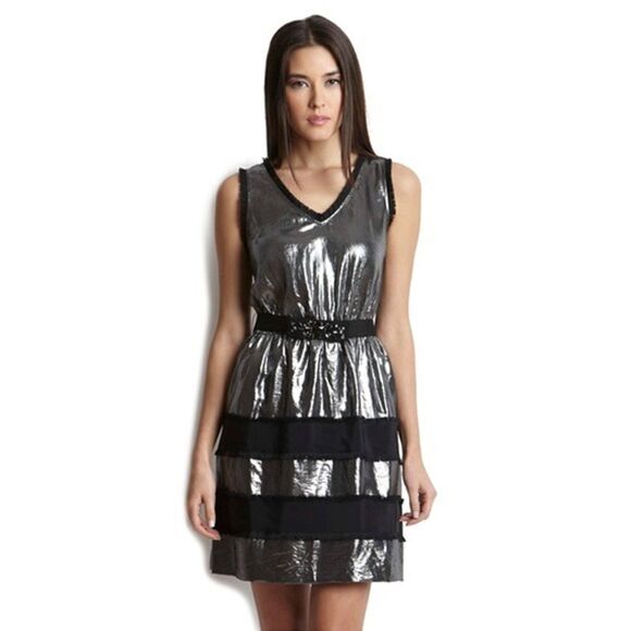 BCBG MaxAzria Shimmering Metallic Silver Black Dress Size XS Silk Blend Cocktail - Picture 2 of 14